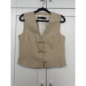 ZARA Bow Lined Beige Sleeveless Short Linen Cotton Blend Vest Women's Size M